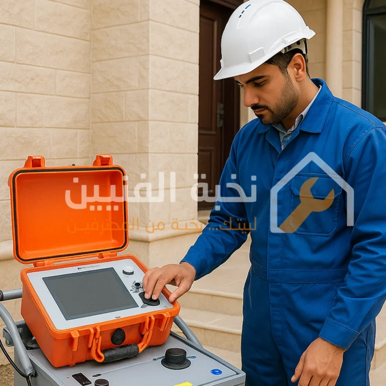 فني كهرباء من نخبة الفنيين يقوم بكشف التماس الكهرباء وفحص أعطال الكابلات وتمديدات المنازل باستخدام أجهزة فحص حديثة لضمان دقة النتائج.