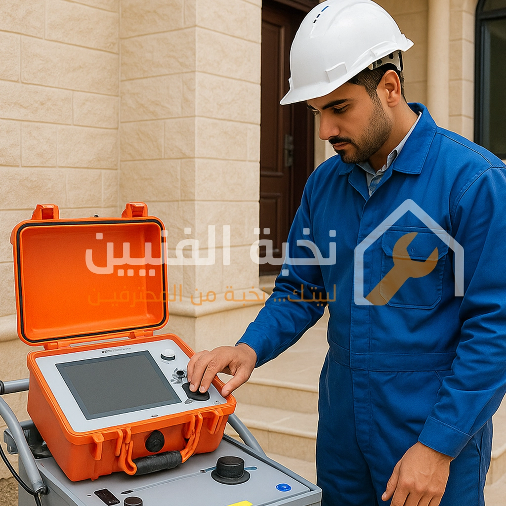 فني كهرباء من نخبة الفنيين يقوم بكشف التماس الكهرباء وفحص أعطال الكابلات وتمديدات المنازل باستخدام أجهزة فحص حديثة لضمان دقة النتائج.