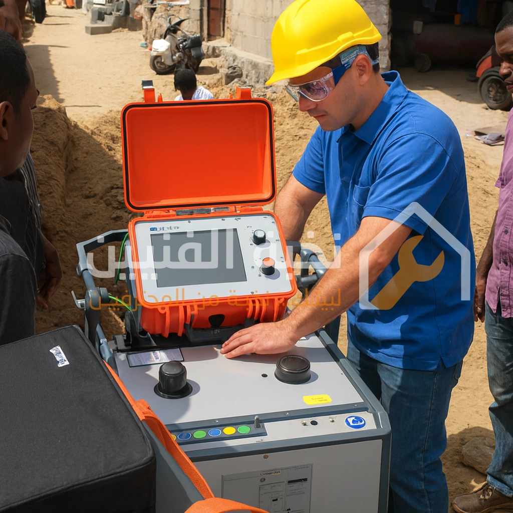 فني كهرباء من نخبة الفنيين يقوم بكشف التماس الكهرباء وفحص الكيبلات الأرضية باستخدام أحدث أجهزة الكشف المتطورة.