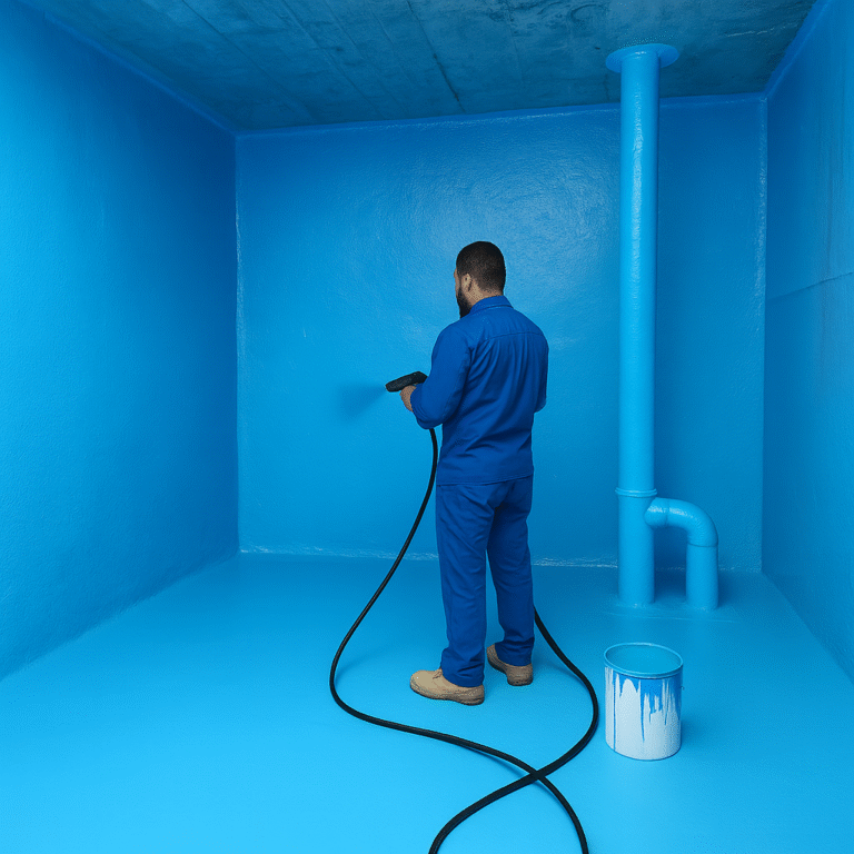 فني من نخبة الفنيين يقوم بعزل خزان مياه باستخدام مواد عزل مائي معتمدة بالرياض لضمان منع تسربات المياه وحماية الخزان.